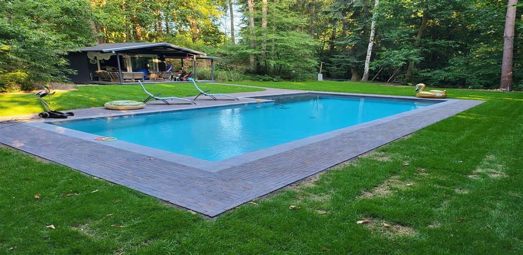 Opgeleverd L-vormig bassin met turquoise water in een gazon, met een houten tuinhuis erachter.